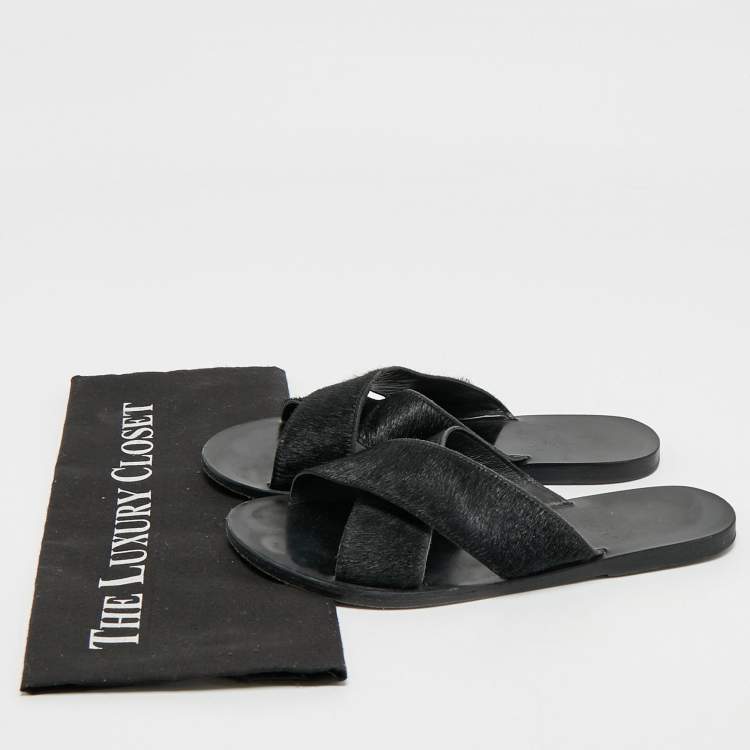 Pre Owned Ancient Greek Sandals Black Calf Hair Crisscross Flat Slides Size 40