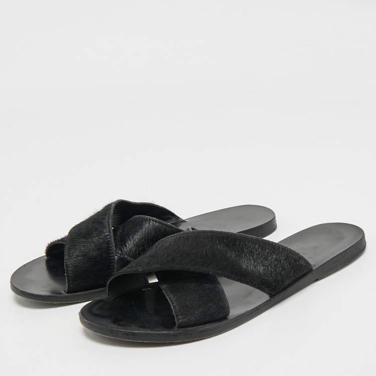 Pre Owned Ancient Greek Sandals Black Calf Hair Crisscross Flat Slides Size 40