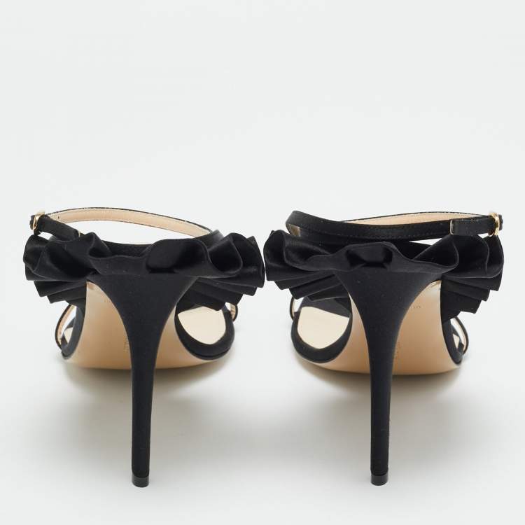 Pre Owned Andrea Wazen Rouches Size 39 Black Satin Ankle Strap Sandals