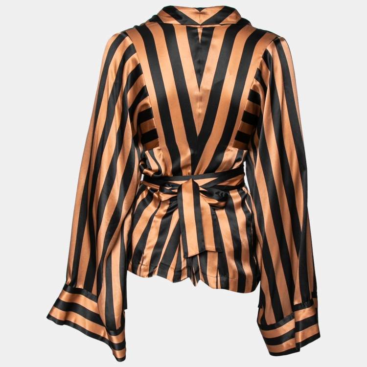 Pre Owned Ann Demeulemeester Peach & Black Silk Belted Wrap Blouse M