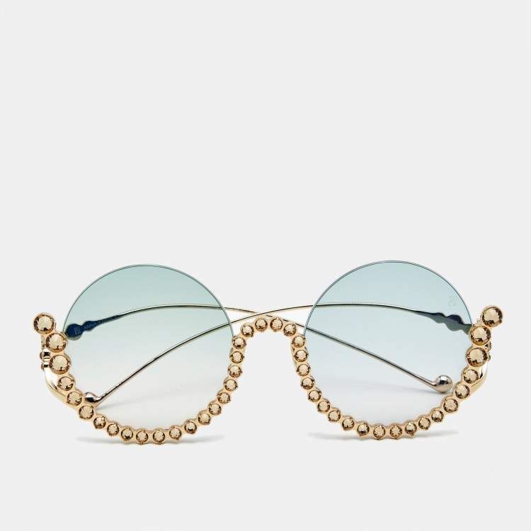 Pre Owned Anna-Karin Karlsson Green Gradient Limited Edition 08/25 Full Moon Round Sunglasses