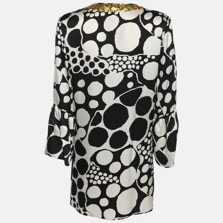 Pre Owned Anna Scholz Black/White Printed Satin Silk Sequin Kaftan XL