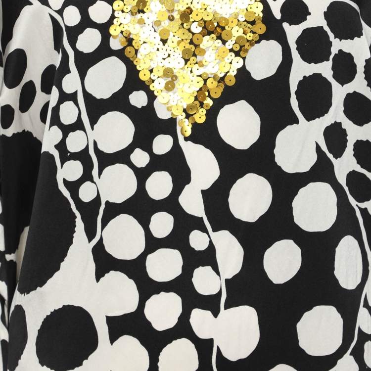 Pre Owned Anna Scholz Black/White Printed Satin Silk Sequin Kaftan XL
