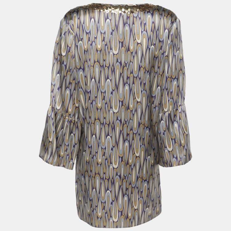 Pre Owned Anna Scholz Multicolor Satin Sequin Embellishment Wide Sleeve V Neck Tunic XL