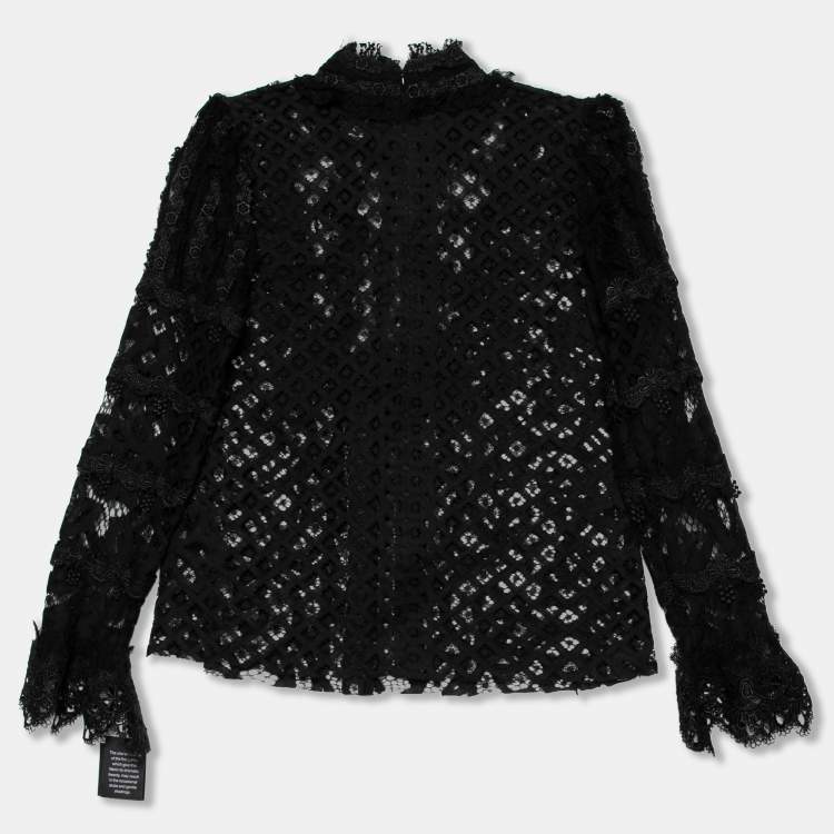 Pre Owned Anna Sui Black Lace Ruffle Trimmed Long Sleeve Blouse M
