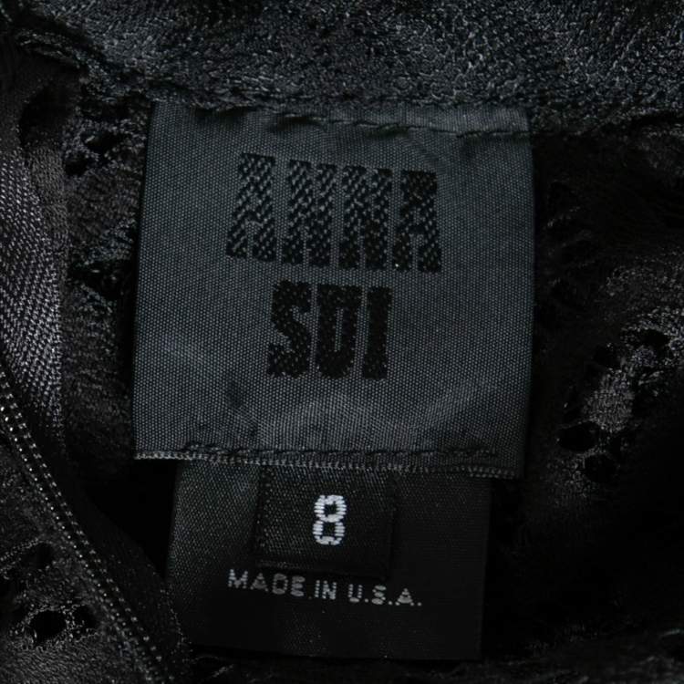 Pre Owned Anna Sui Black Lace Ruffle Trimmed Long Sleeve Blouse M
