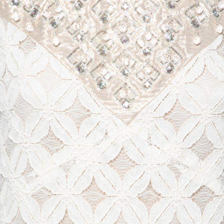 مملوكة مسبقًا Anna Sui Cream Crochet Cotton Lace Overlay Embellished Sleeveless Shift Dress S