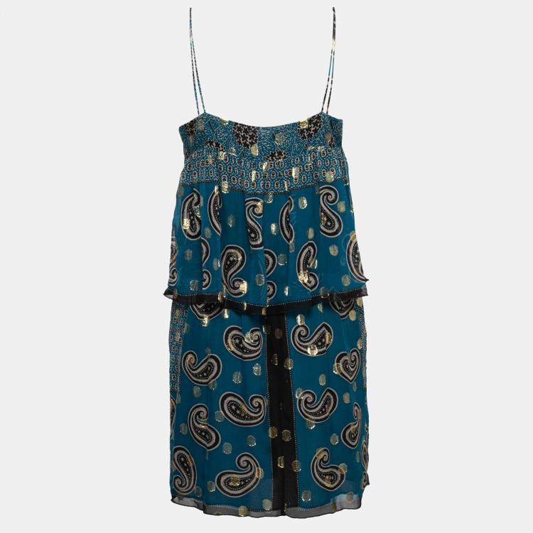 Pre Owned Anna Sui Teal Blue Paisley Print Chiffon Lurex Insert Strappy Dress M