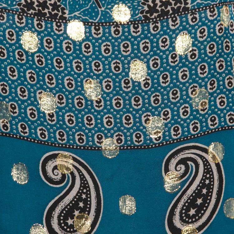 Pre Owned Anna Sui Teal Blue Paisley Print Chiffon Lurex Insert Strappy Dress M
