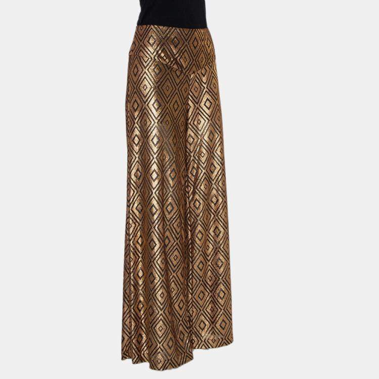 Pre Owned Anna Sui Gold Knitted Geometric Design High Waist Wide Leg Trouser M