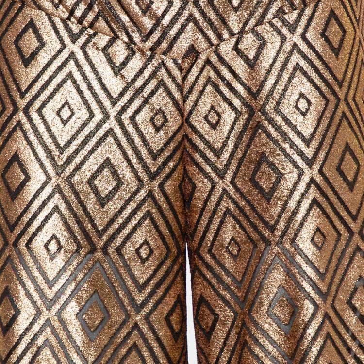 Pre Owned Anna Sui Gold Knitted Geometric Design High Waist Wide Leg Trouser M