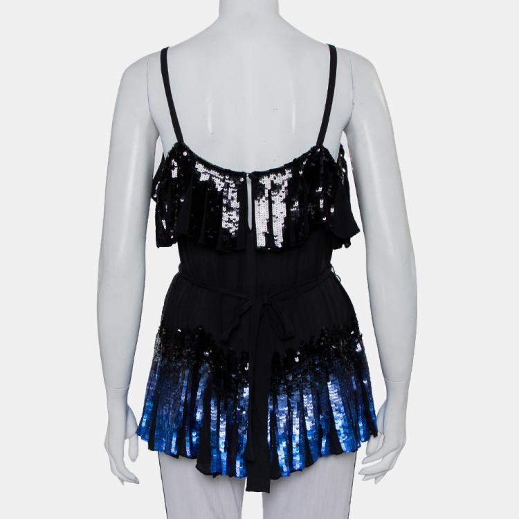 Pre Owned Anna Sui Black Sequin Embellished Silk Pleated Detail Belted Top S