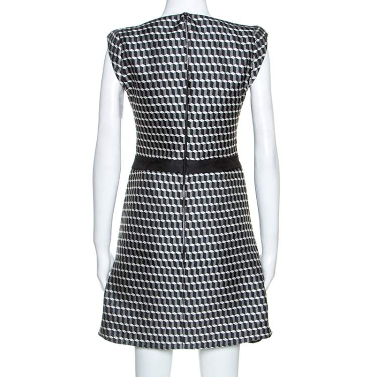 Pre Owned Antonio Berardi Monochrome Geometric Patterned Jacquard Silk Mini Dress M