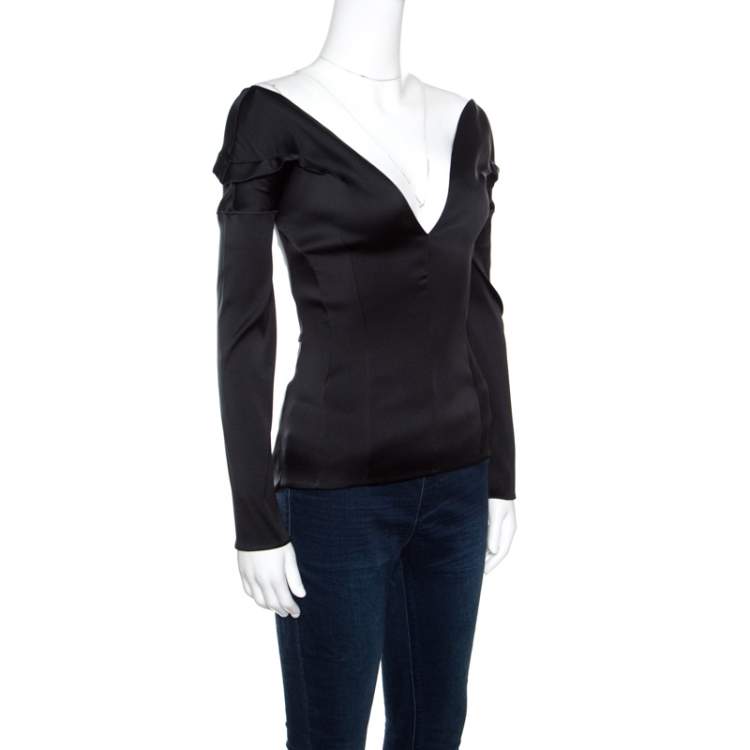 Pre Owned Antonio Berardi Black Satin Off Shoulder Plunge Neck Top S
