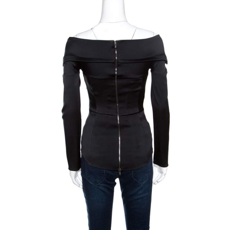 Pre Owned Antonio Berardi Black Satin Off Shoulder Plunge Neck Top S