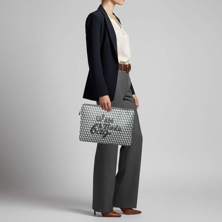 مملوكة مسبقًا Anya Hindmarch 'I AM A PLASTIC BAG" Grey/Black Coated Canvas Laptop Case