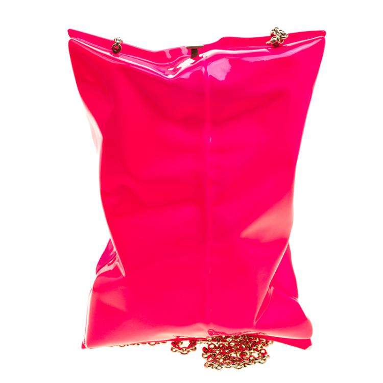 Pre Owned Anya Hindmarch Neon Pink Metallic Crisp Packet Clutch