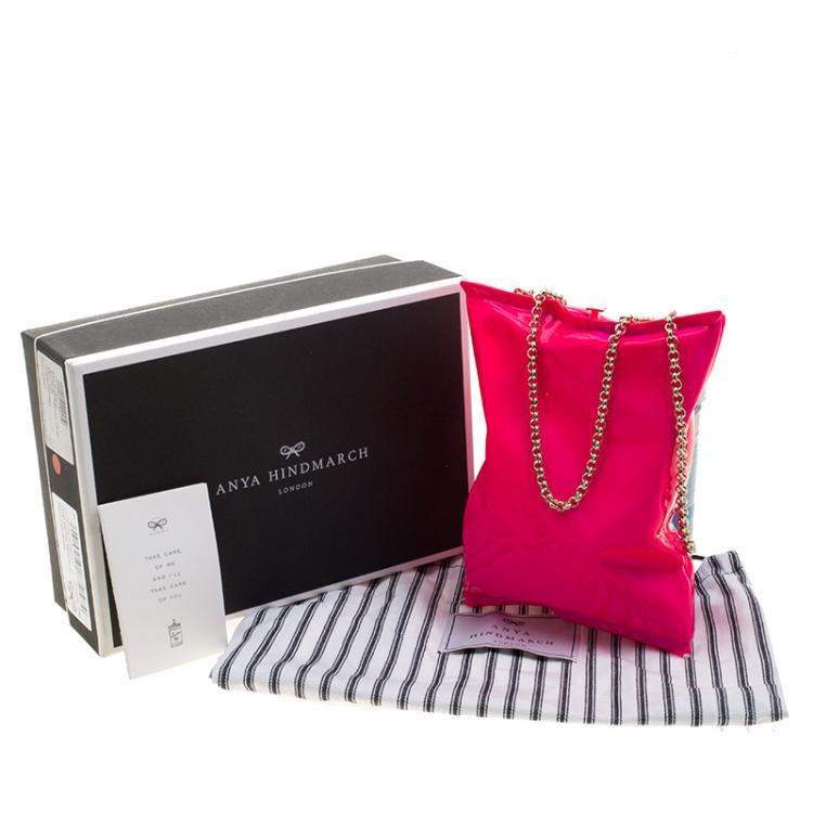 Pre Owned Anya Hindmarch Neon Pink Metallic Crisp Packet Clutch