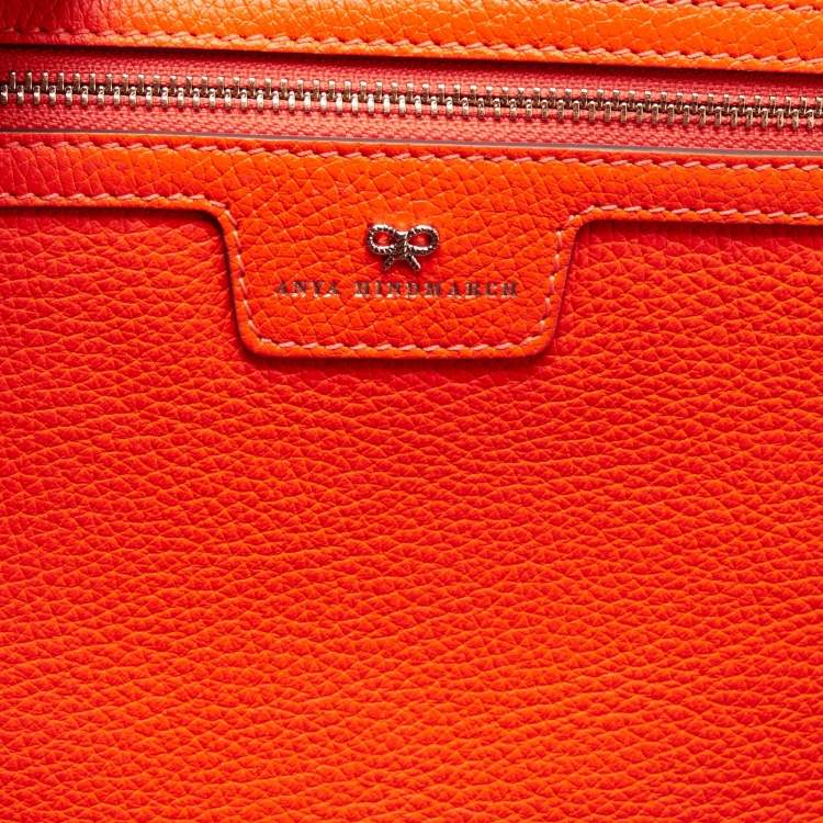Pre Owned Anya Hindmarch Neon Orange Leather Featherweight Smiley Ebury Tote