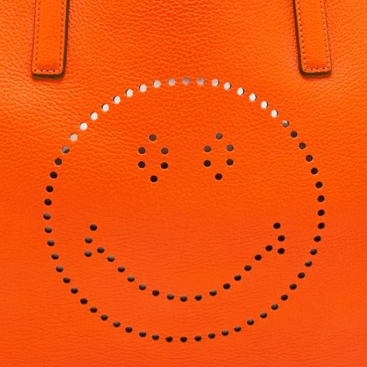 Pre Owned Anya Hindmarch Neon Orange Leather Featherweight Smiley Ebury Tote