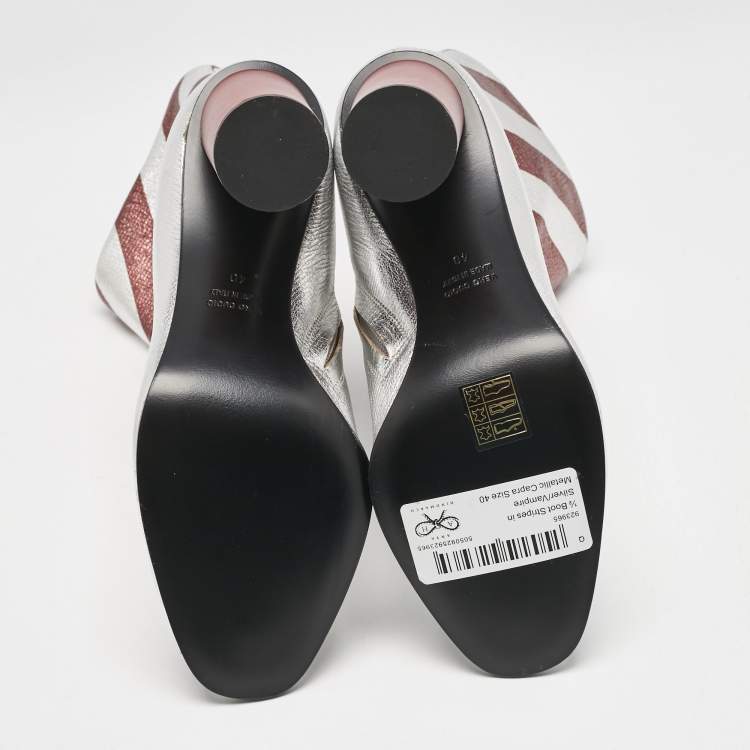 Pre Owned Anya Hindmarch Silver/Burgundy Stripe Leather Peep Toe Ankle Boots Size 40