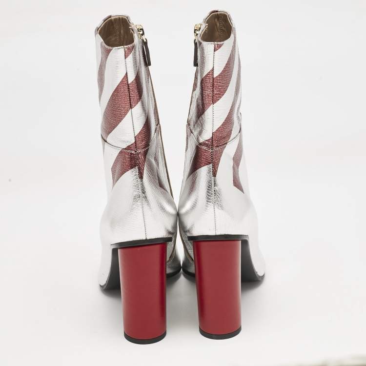 Pre Owned Anya Hindmarch Silver/Burgundy Stripe Leather Peep Toe Ankle Boots Size 40