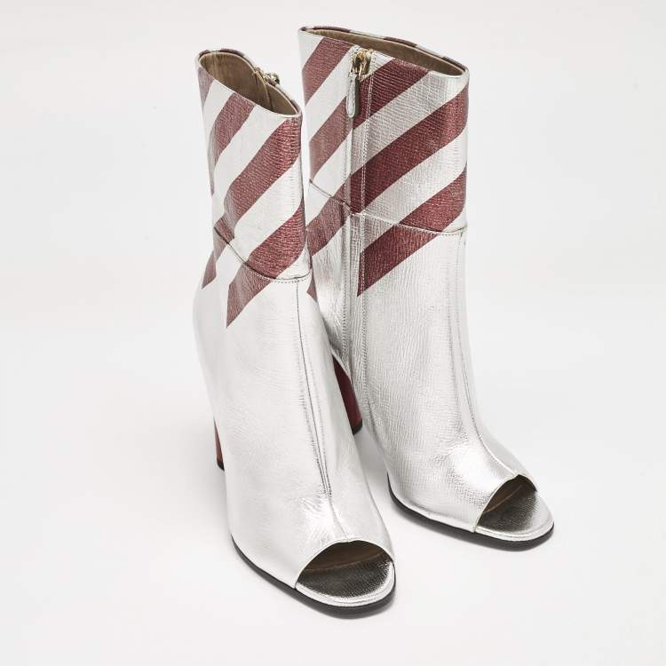 Pre Owned Anya Hindmarch Silver/Burgundy Stripe Leather Peep Toe Ankle Boots Size 40