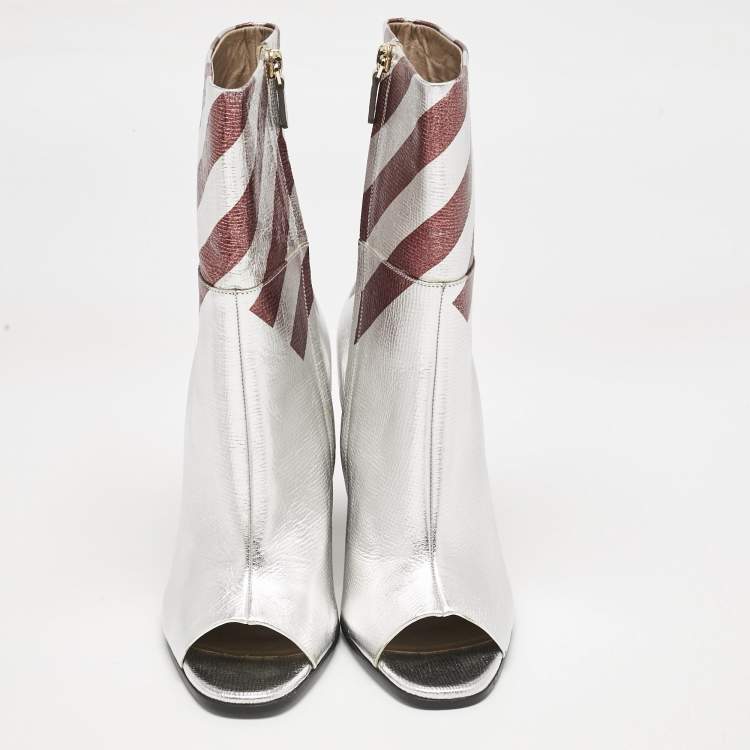 Pre Owned Anya Hindmarch Silver/Burgundy Stripe Leather Peep Toe Ankle Boots Size 40