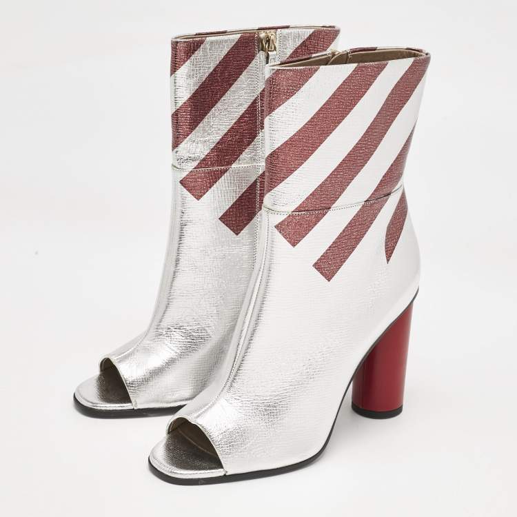 Pre Owned Anya Hindmarch Silver/Burgundy Stripe Leather Peep Toe Ankle Boots Size 40
