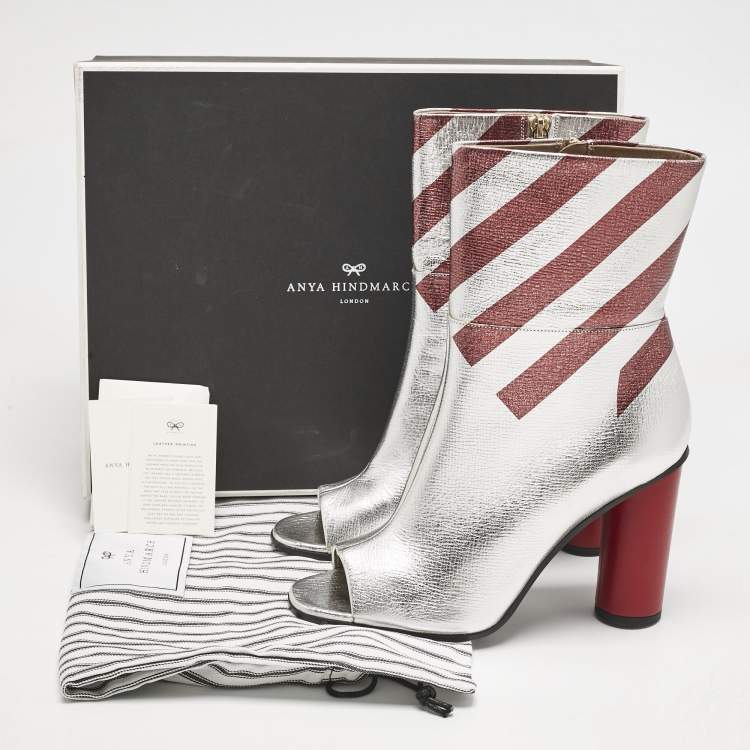 Pre Owned Anya Hindmarch Silver/Burgundy Stripe Leather Peep Toe Ankle Boots Size 40