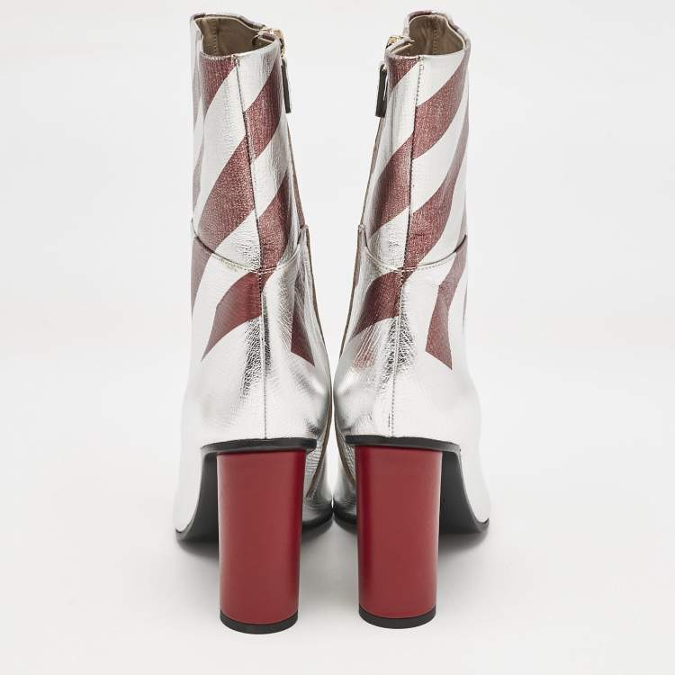 Pre Owned Anya Hindmarch Silver/Burgundy Stripe Leather Peep Toe Ankle Boots Size 37
