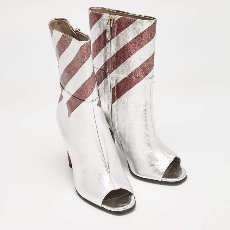 Pre Owned Anya Hindmarch Silver/Burgundy Stripe Leather Peep Toe Ankle Boots Size 37