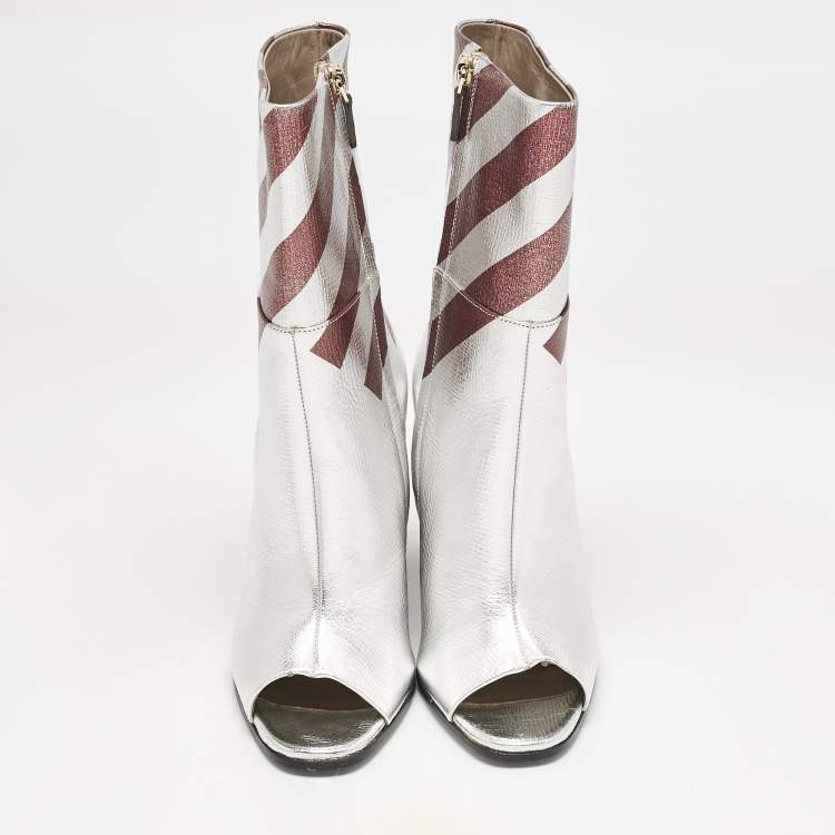 Pre Owned Anya Hindmarch Silver/Burgundy Stripe Leather Peep Toe Ankle Boots Size 37