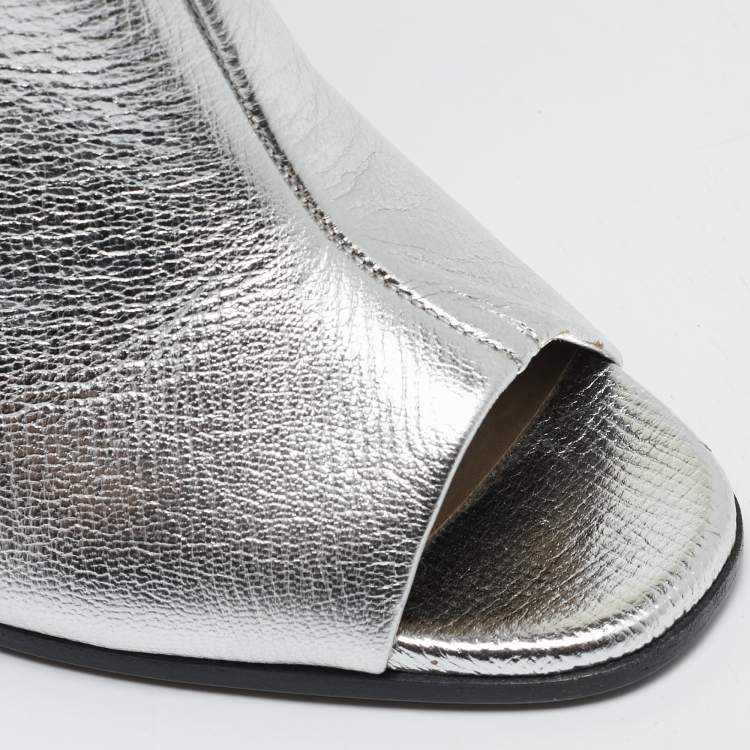 Pre Owned Anya Hindmarch Silver/Burgundy Stripe Leather Peep Toe Ankle Boots Size 38