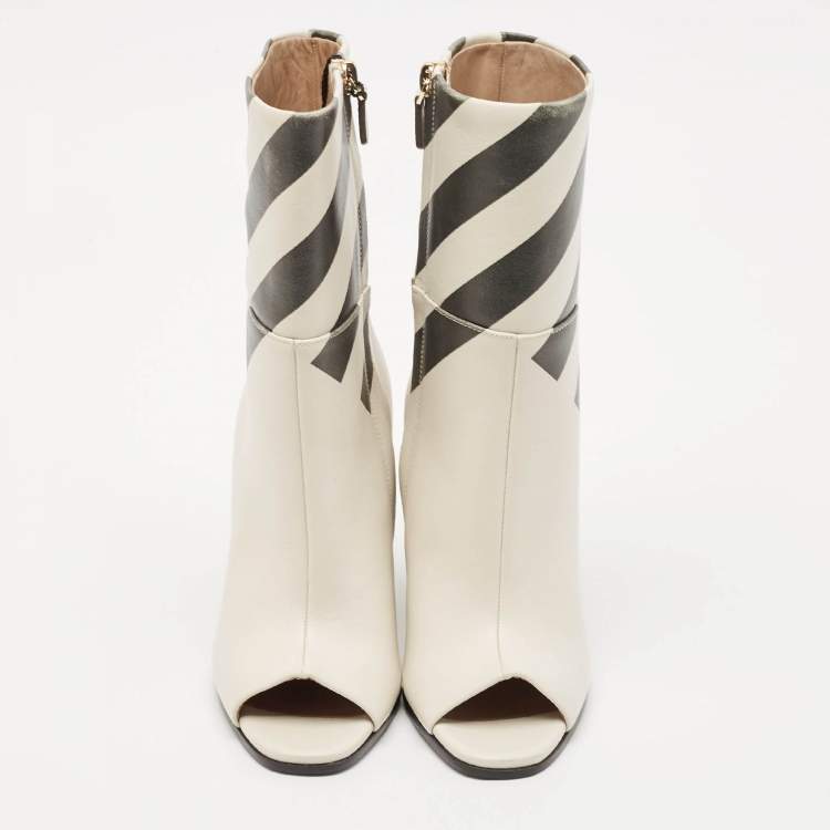 Pre Owned Anya Hindmarch Cream Stripe Leather Peep Toe Ankle Boots Size 35