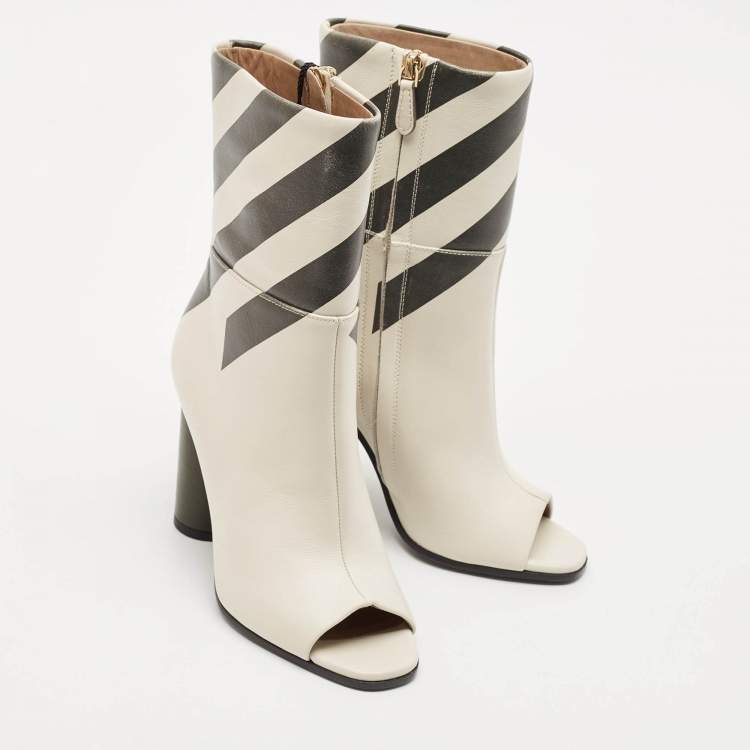 Pre Owned Anya Hindmarch Cream Stripe Leather Peep Toe Ankle Boots Size 35