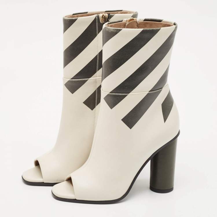 Pre Owned Anya Hindmarch Cream Stripe Leather Peep Toe Ankle Boots Size 35