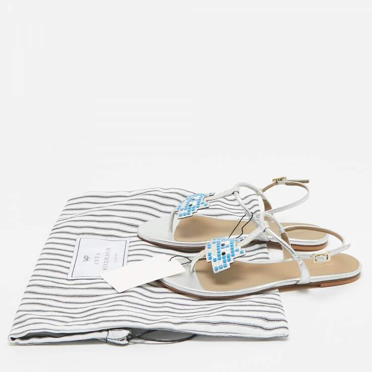 Pre Owned Anya Hindmarch Silver Leather Ankle Strap Flat Sandals Size 36