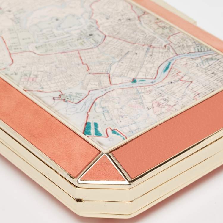 Pre Owned Anya Hindmarch Coral Orange Map Fabric and Suede Duke Box Clutch