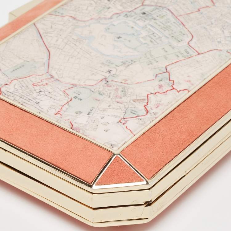 Pre Owned Anya Hindmarch Coral Orange Map Fabric and Suede Duke Box Clutch