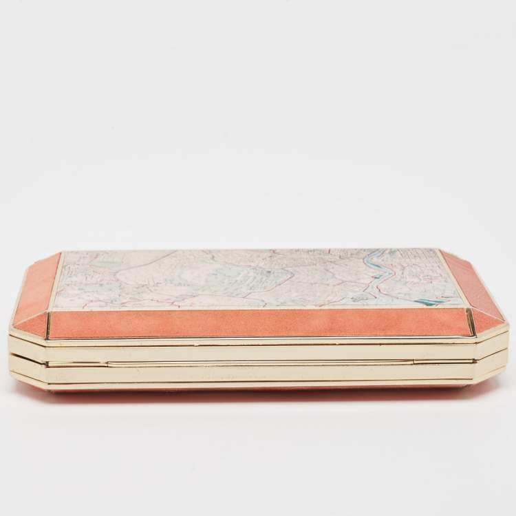 Pre Owned Anya Hindmarch Coral Orange Map Fabric and Suede Duke Box Clutch