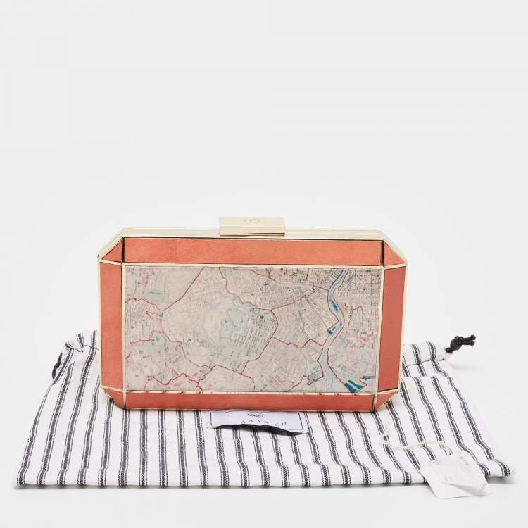 Pre Owned Anya Hindmarch Coral Orange Map Fabric and Suede Duke Box Clutch