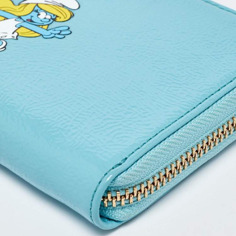 Pre Owned Anya Hindmarch Turquoise Blue Patent Leather Smurfs Zip Around Wallet