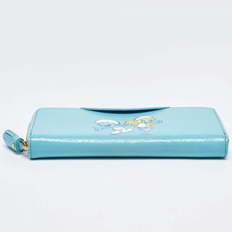 Pre Owned Anya Hindmarch Turquoise Blue Patent Leather Smurfs Zip Around Wallet