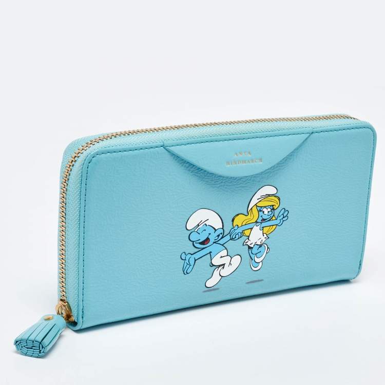 Pre Owned Anya Hindmarch Turquoise Blue Patent Leather Smurfs Zip Around Wallet