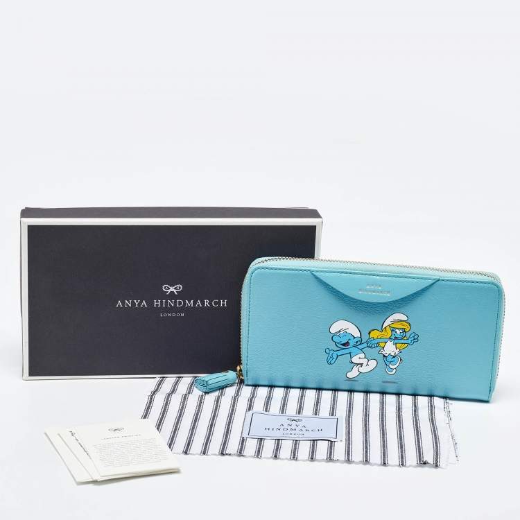 Pre Owned Anya Hindmarch Turquoise Blue Patent Leather Smurfs Zip Around Wallet