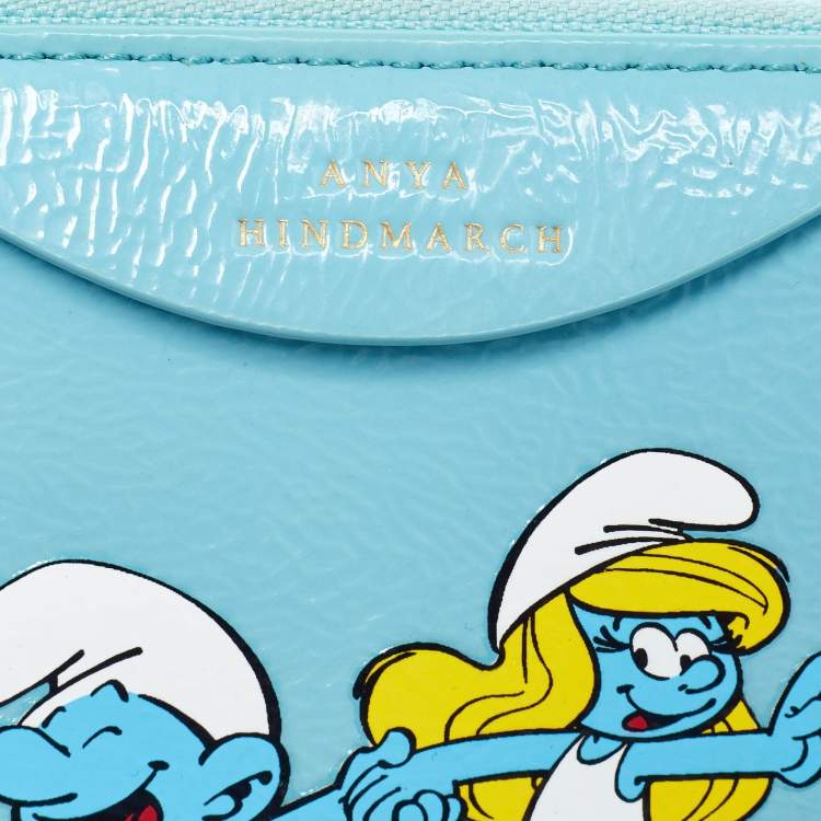 Pre Owned Anya Hindmarch Turquoise Blue Patent Leather Smurfs Zip Around Wallet