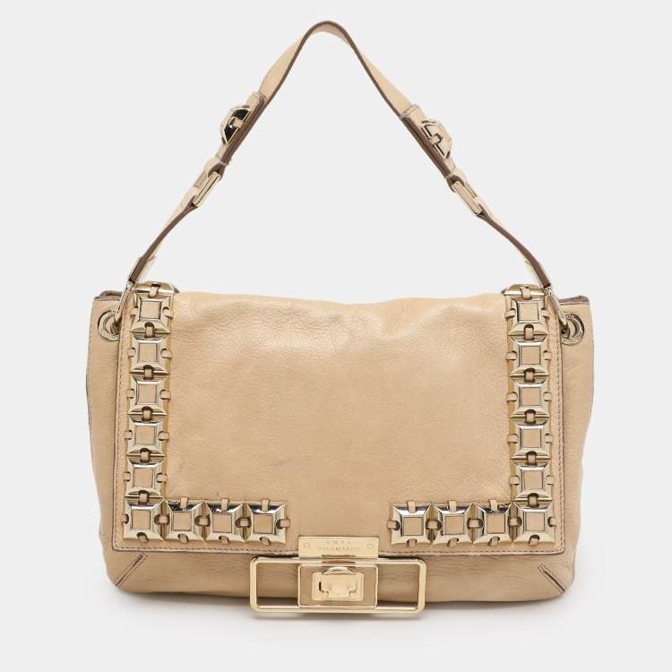 Pre Owned Anya Hindmarch Beige Leather Studded Flap Top Handle Bag