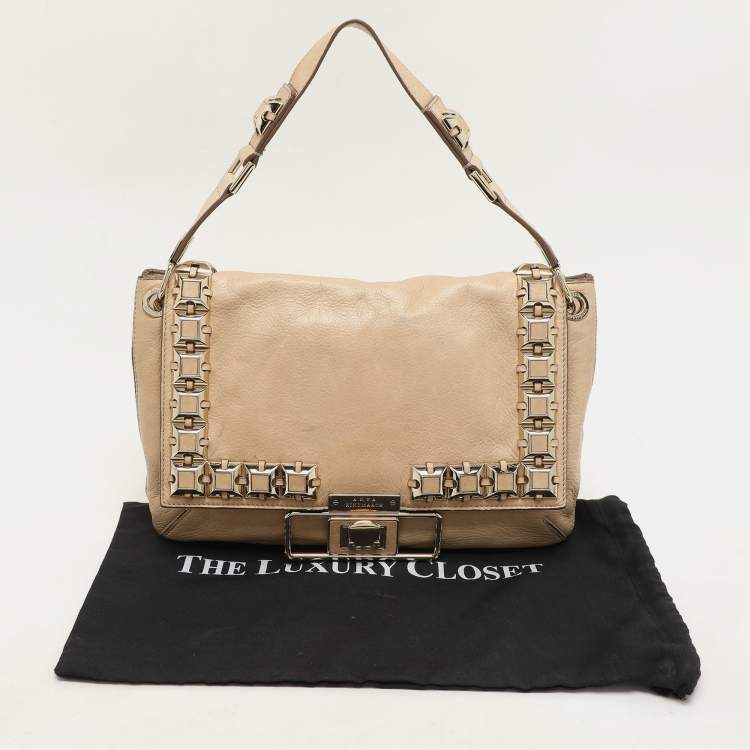 Pre Owned Anya Hindmarch Beige Leather Studded Flap Top Handle Bag