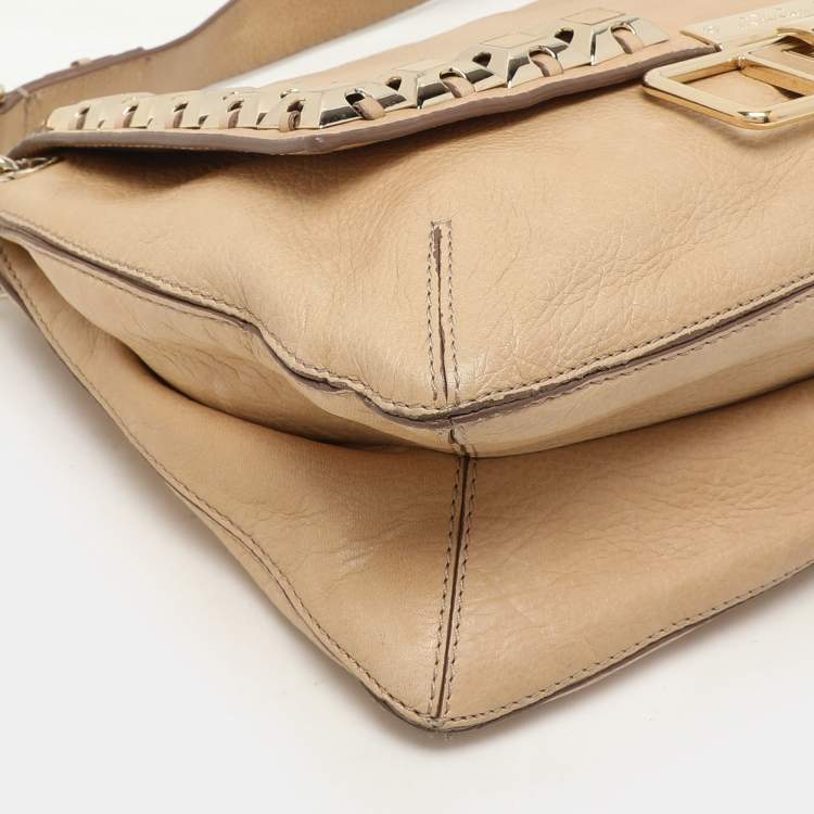 Pre Owned Anya Hindmarch Beige Leather Studded Flap Top Handle Bag